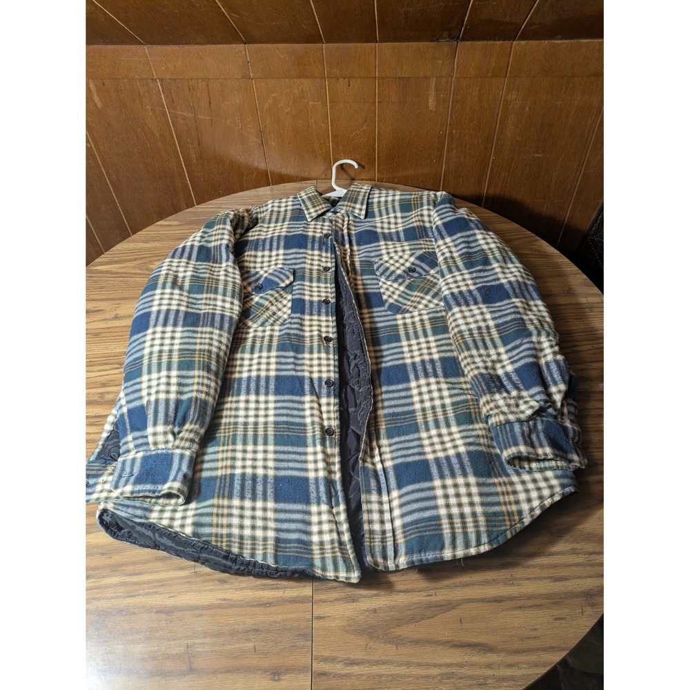 David Taylor Mens LT Blue Green Plaid Quilted Lined Flannel Shirt Jacket Heavy